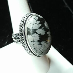 NWOT Natural Ornate Bohemian Snowflake Obsidian .925 Sterling Overlay Ring Sz 9